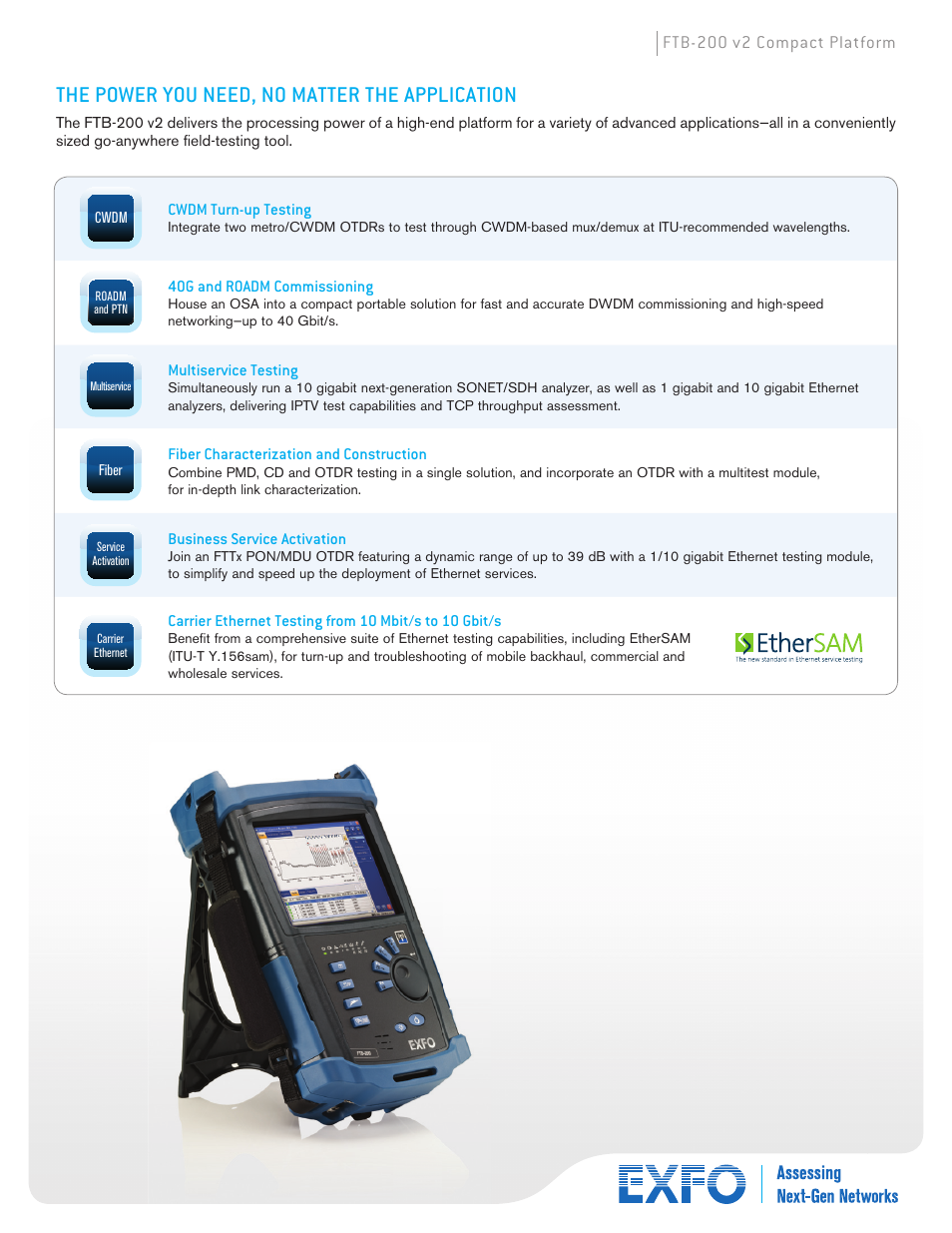 The power you need, no matter the application, Ftb-200 v2 compact platform, Cwdm turn-up testing | 40g and roadm commissioning, Multiservice testing, Fiber characterization and construction, Business service activation | Atec EXFO-FTB-200-V2 User Manual | Page 3 / 8