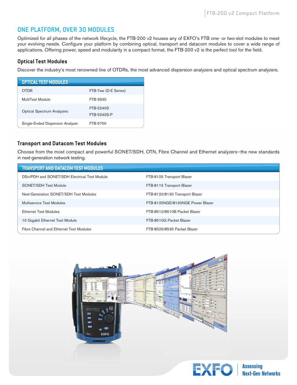 One platform, over 30 modules, Optical test modules, Transport and datacom test modules | Ftb-200 v2 compact platform optical test modules | Atec EXFO-FTB-200-V2 User Manual | Page 4 / 8