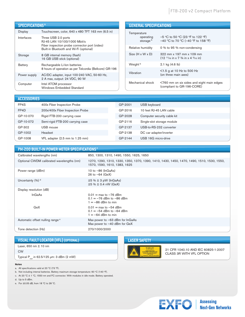 Ftb-200 v2 compact platform specifications, Visual fault locator (vfl), Accessories | Pm-200 built-in power meter specifications, General specifications, Laser safety, Optional) | Atec EXFO-FTB-200-V2 User Manual | Page 7 / 8