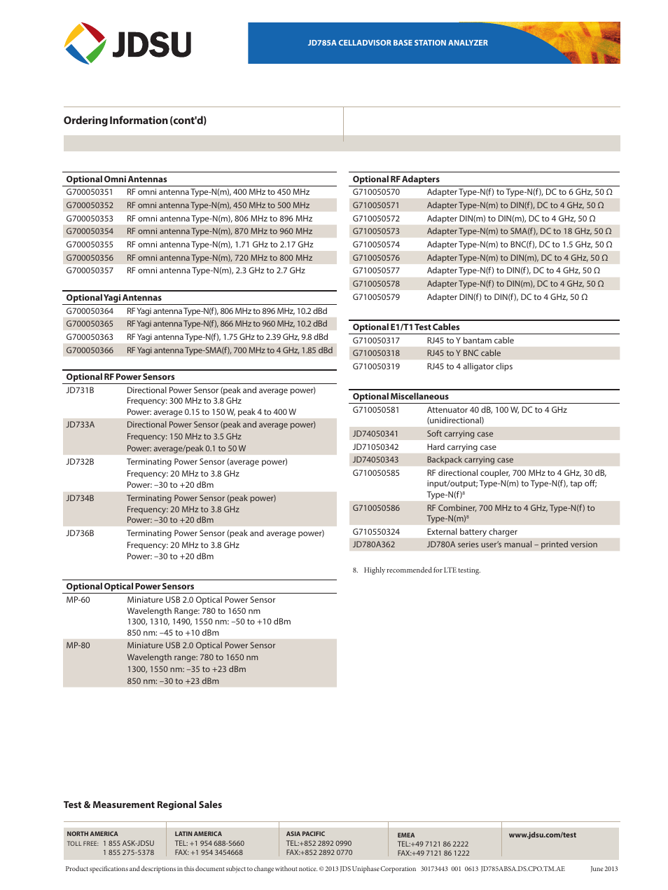 Ordering information (cont'd) | Atec JDSU-JD785A User Manual | Page 16 / 16