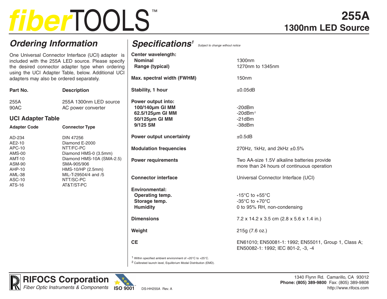 Fiber, Tools, 255a | Specifications, Ordering information, 1300nm led source, Rifocs corporation | Atec Rifocs-255A User Manual | Page 2 / 2