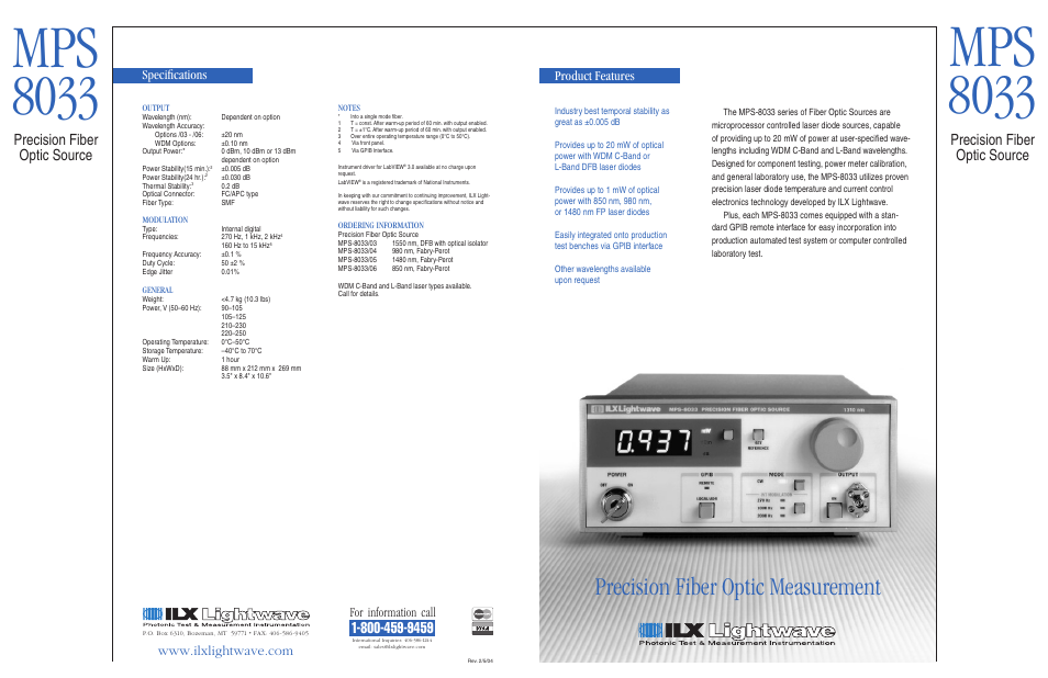 Precision fiber optic measurement, Precision fiber optic source, Product features | Specifications, For information call | Atec ILX-Lightwave-MPS-8033 User Manual | Page 4 / 4