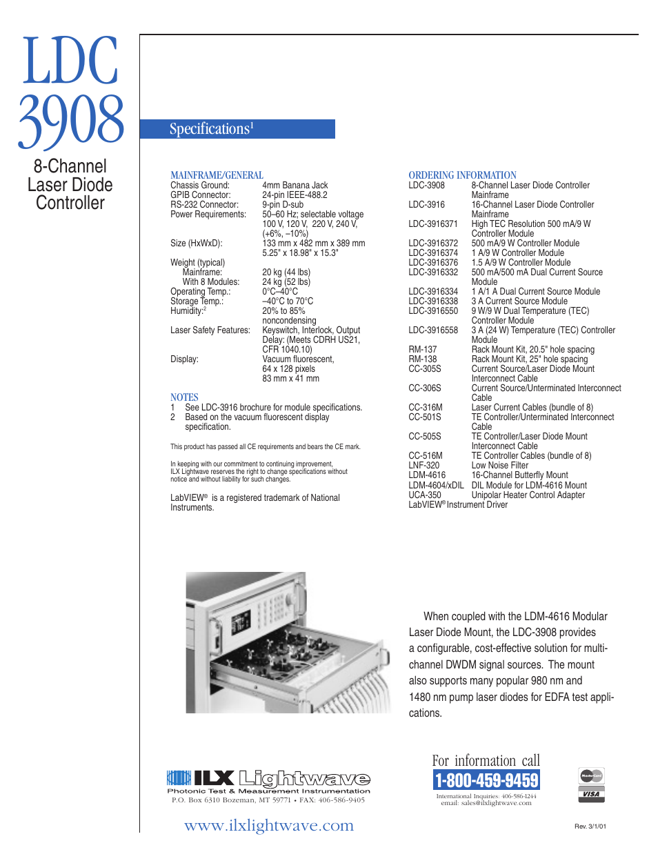 Ldc 3908, Channel laser diode controller, Specifications | For information call | Atec ILX-Lightwave-LDC-3916 User Manual | Page 11 / 11