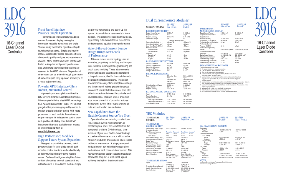 Ldc 3916, Channel laser diode controller, Tec modules | Dual current source modules, Front panel interface provides simple operation, Current source | Atec ILX-Lightwave-LDC-3916 User Manual | Page 2 / 11