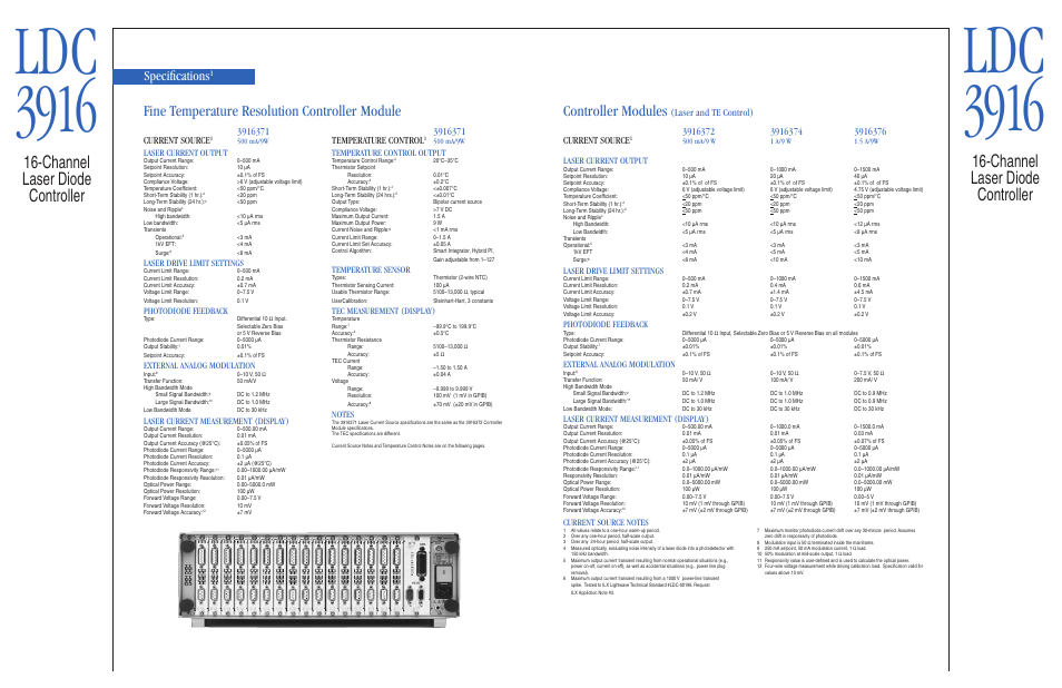 Ldc 3916, Channel laser diode controller, Controller modules | Fine temperature resolution controller module, Specifications, Laser and te control), Current source, Laser current output, Laser drive limit settings, Photodiode feedback | Atec ILX-Lightwave-LDC-3916 User Manual | Page 4 / 11