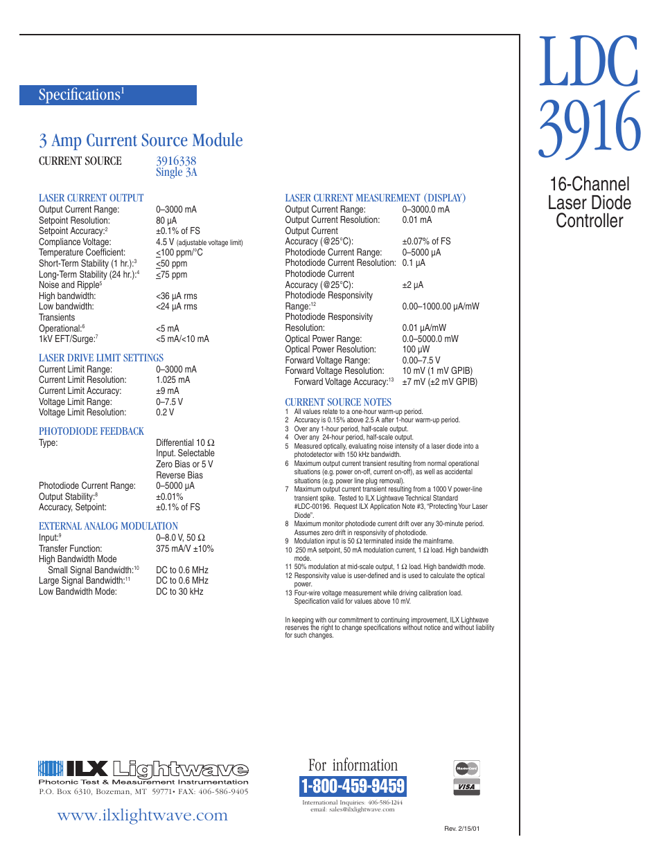 Ldc 3916, 3 amp current source module, Channel laser diode controller | For information, Specifications, Current source | Atec ILX-Lightwave-LDC-3916 User Manual | Page 5 / 11