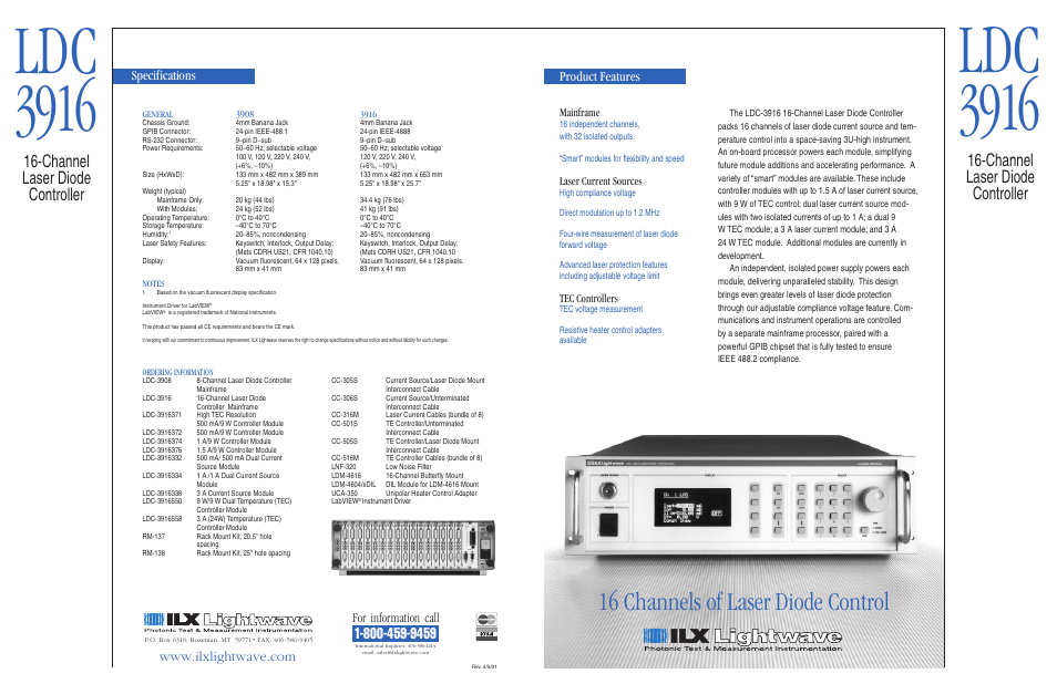 Ldc 3916, 16 channels of laser diode control, Channel laser diode controller | Product features, Specifications, For information call | Atec ILX-Lightwave-LDC-3916 User Manual | Page 9 / 11