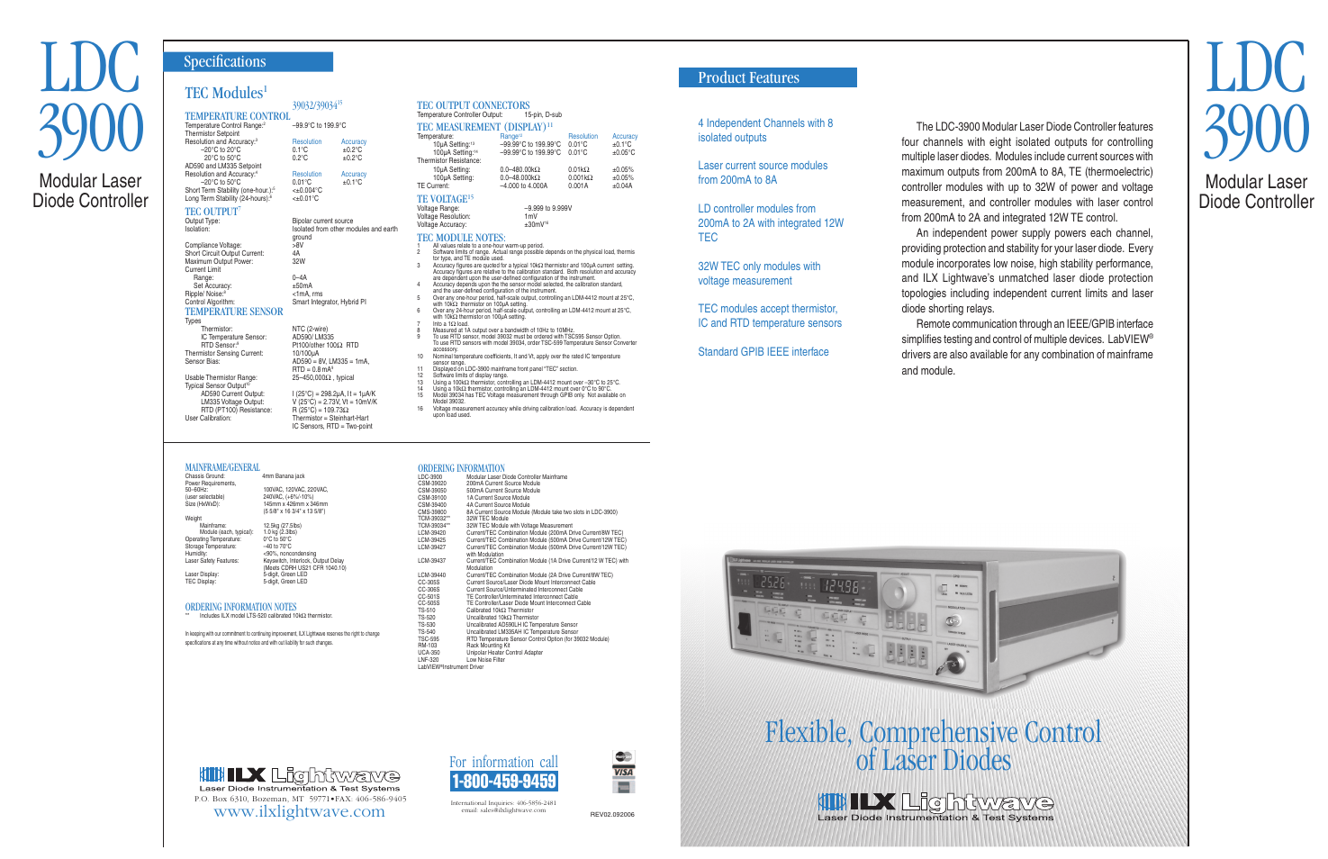 Flexible, comprehensive control of laser diodes, Modular laser diode controller, Product features | For information call, Tec modules, Temperature control, Tec output, Temperature sensor, Tec output connectors, Tec measurement (display) | Atec ILX-Lightwave-ldc-3900 User Manual | Page 4 / 6