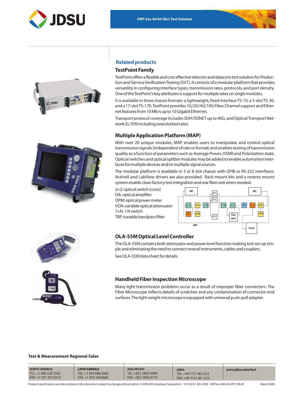 Related products testpoint family, Multiple application platform (map), Ola-55m optical level controller | Handheld fiber inspection microscope, Test & measurement regional sales | Atec JDSU-ONT Series User Manual | Page 20 / 20