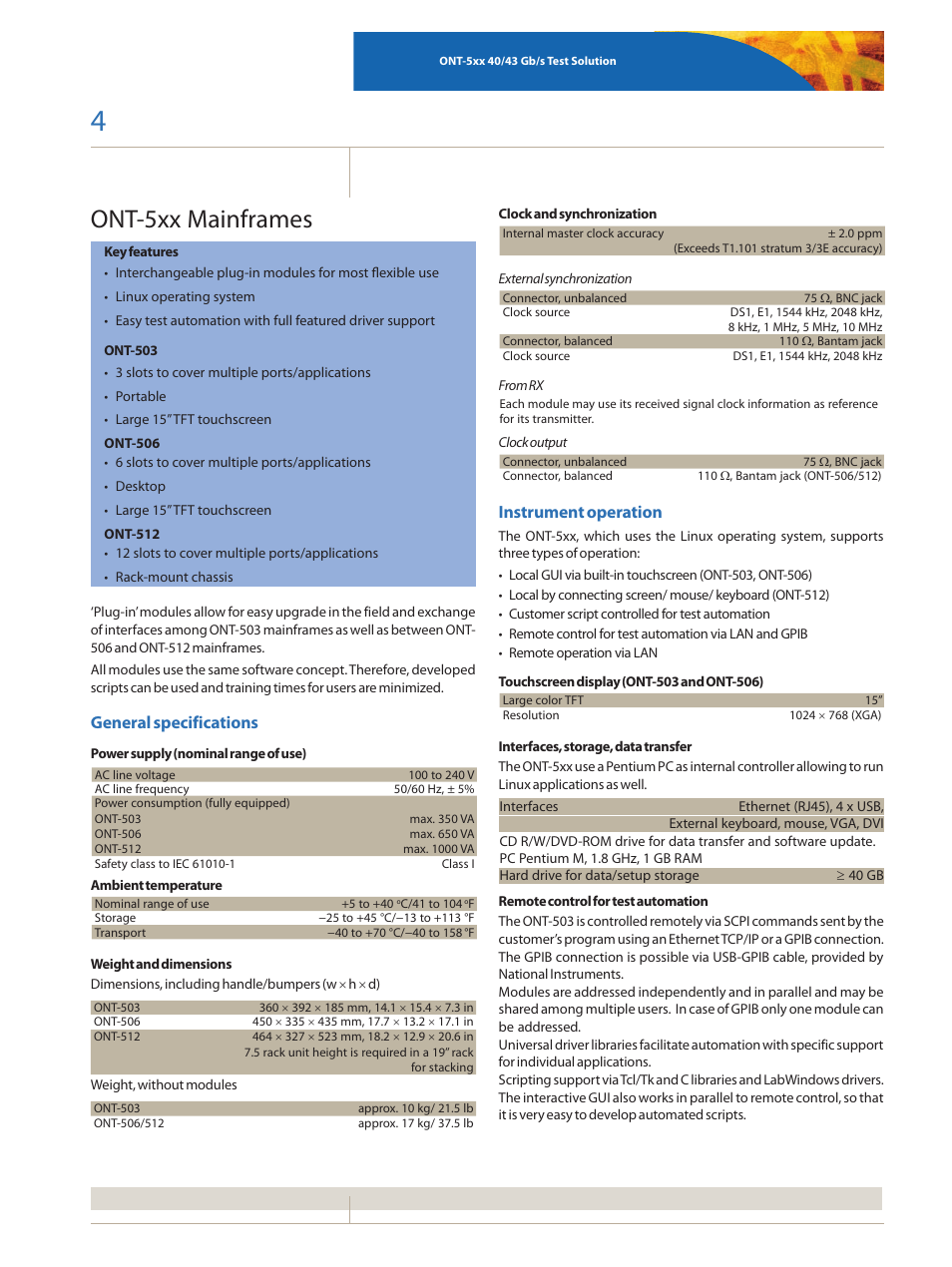 Ont-5xx mainframes, General specifications, Instrument operation | Atec JDSU-ONT Series User Manual | Page 4 / 20