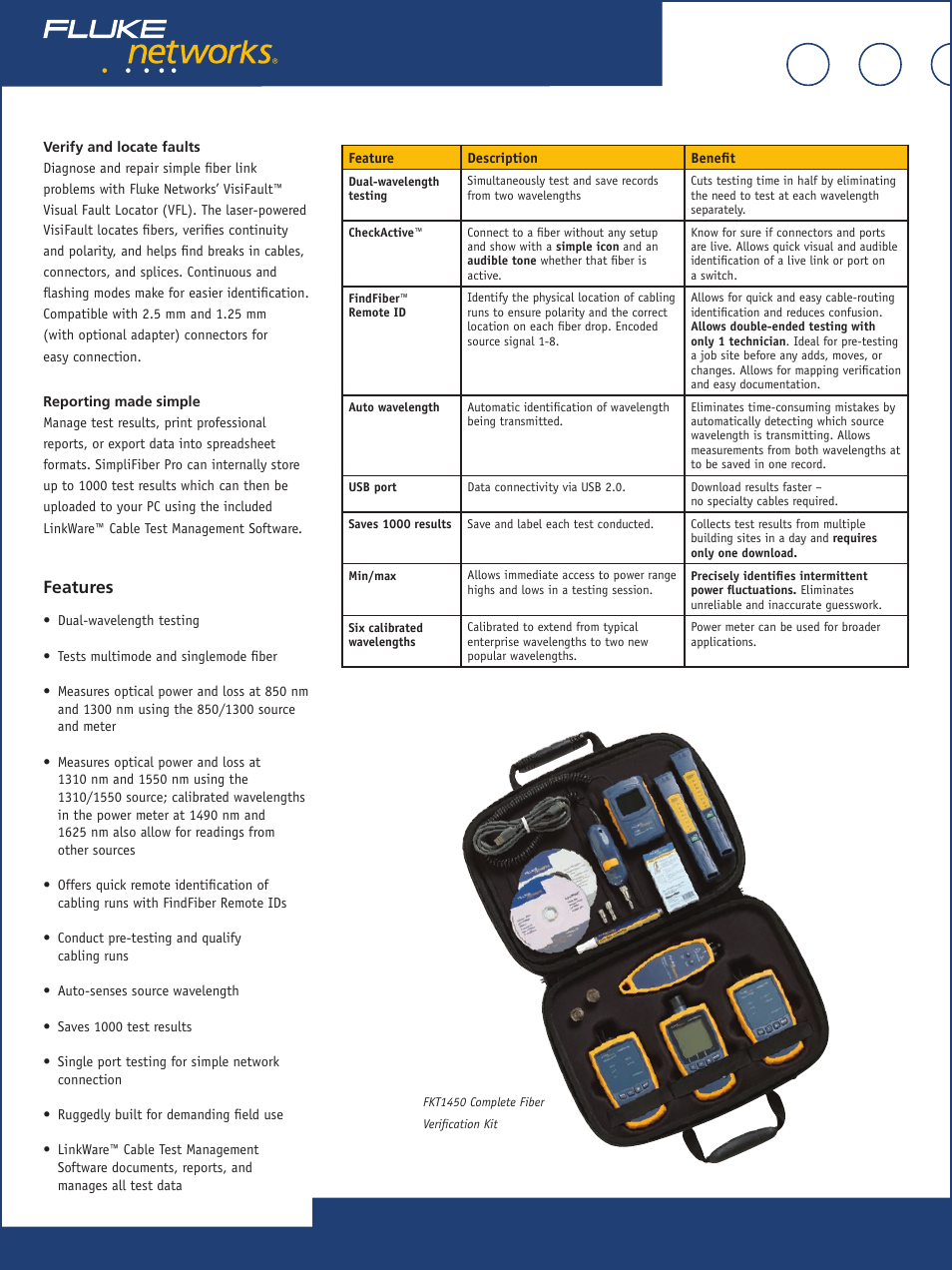 Features | Atec Fluke-Networks-FTK1450 User Manual | Page 3 / 4