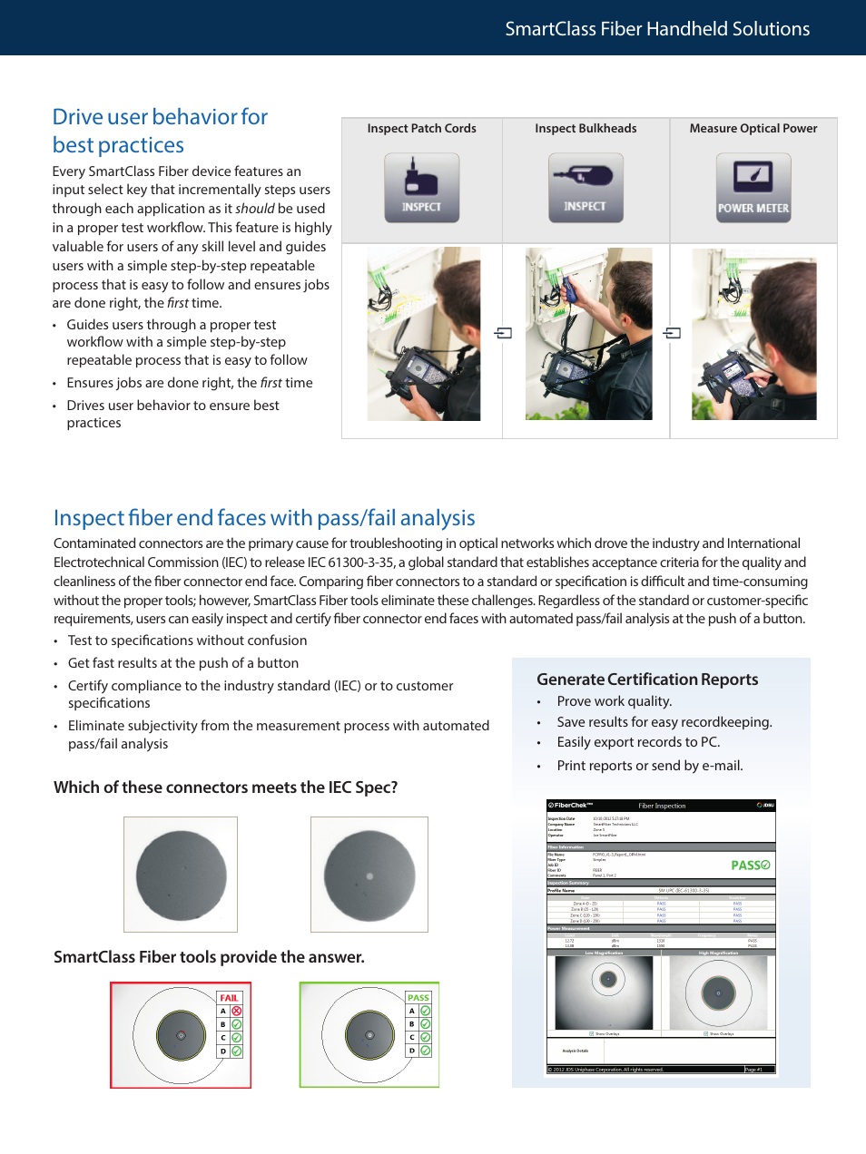 Drive user behavior for best practices, Inspect fiber end faces with pass/fail analysis, Smartclass fiber handheld solutions | Atec JDSU-OLP-87 User Manual | Page 3 / 4