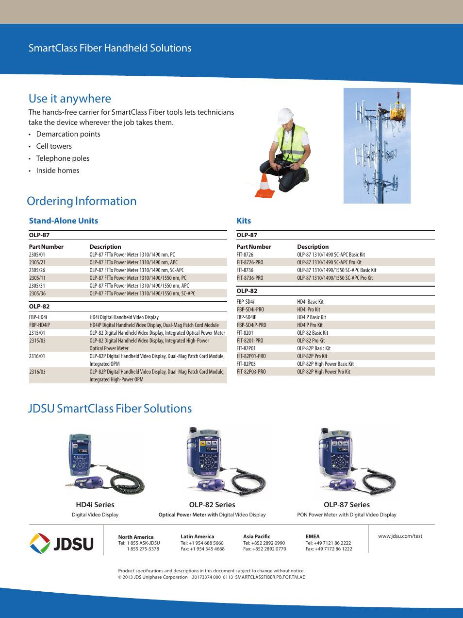 Ordering information use it anywhere, Jdsu smartclass fiber solutions, Smartclass fiber handheld solutions | Stand-alone units, Kits | Atec JDSU-OLP-87 User Manual | Page 4 / 4