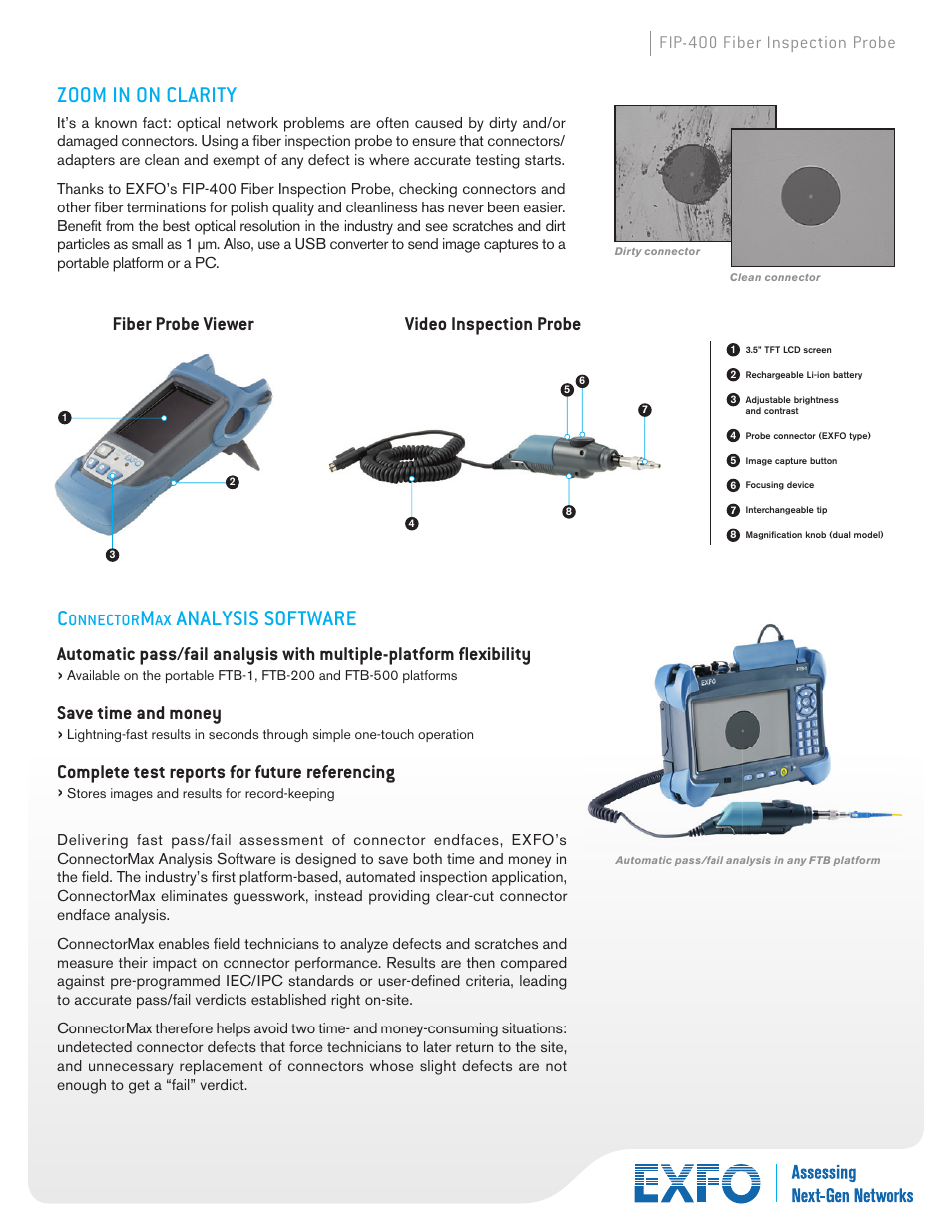 Analysis software, Zoom in on clarity, Save time and money | Complete test reports for future referencing, Fiber probe viewer video inspection probe, Fip-400 fiber inspection probe | Atec EXFO-FIP-400 User Manual | Page 2 / 5