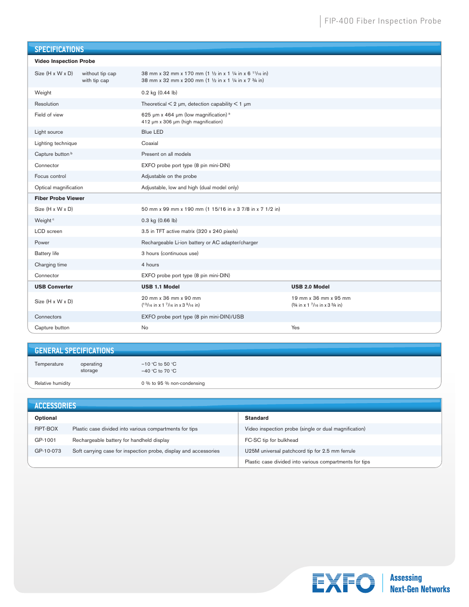 Fip-400 fiber inspection probe specifications, General specifications, Accessories | Atec EXFO-FIP-400 User Manual | Page 4 / 5