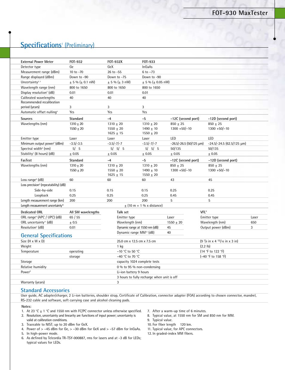 Specifications, Preliminary), Fot-930 maxtester | General specifications, Standard accessories | Atec Exfo-FOT-932X User Manual | Page 7 / 8