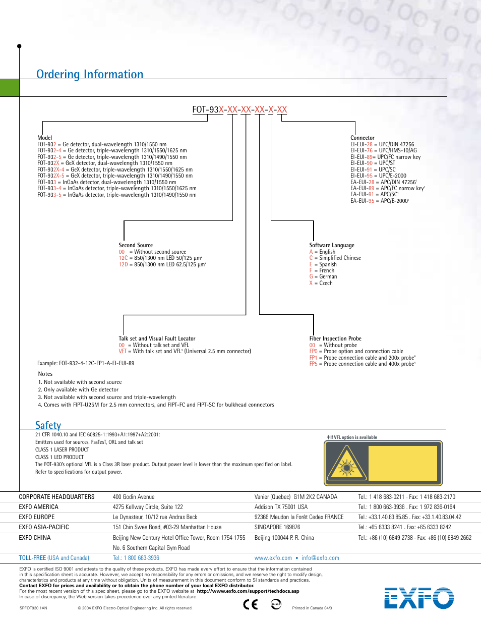 Ordering information, Safety, Fot-93 x - xx - xx - xx - x - xx | Atec Exfo-FOT-932X User Manual | Page 8 / 8