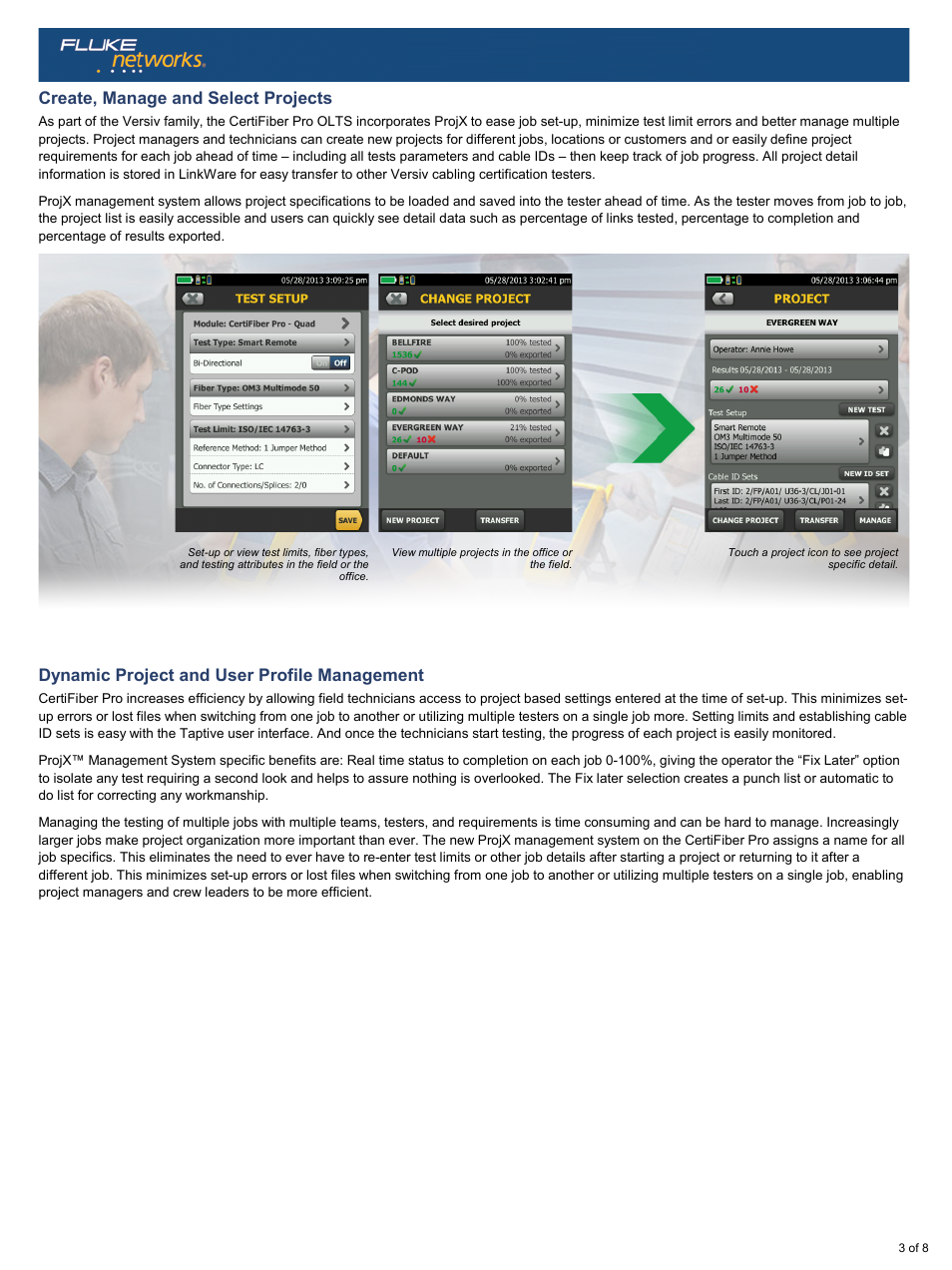 Create, manage and select projects, Dynamic project and user profile management | Atec Fluke-Certifiber User Manual | Page 3 / 8