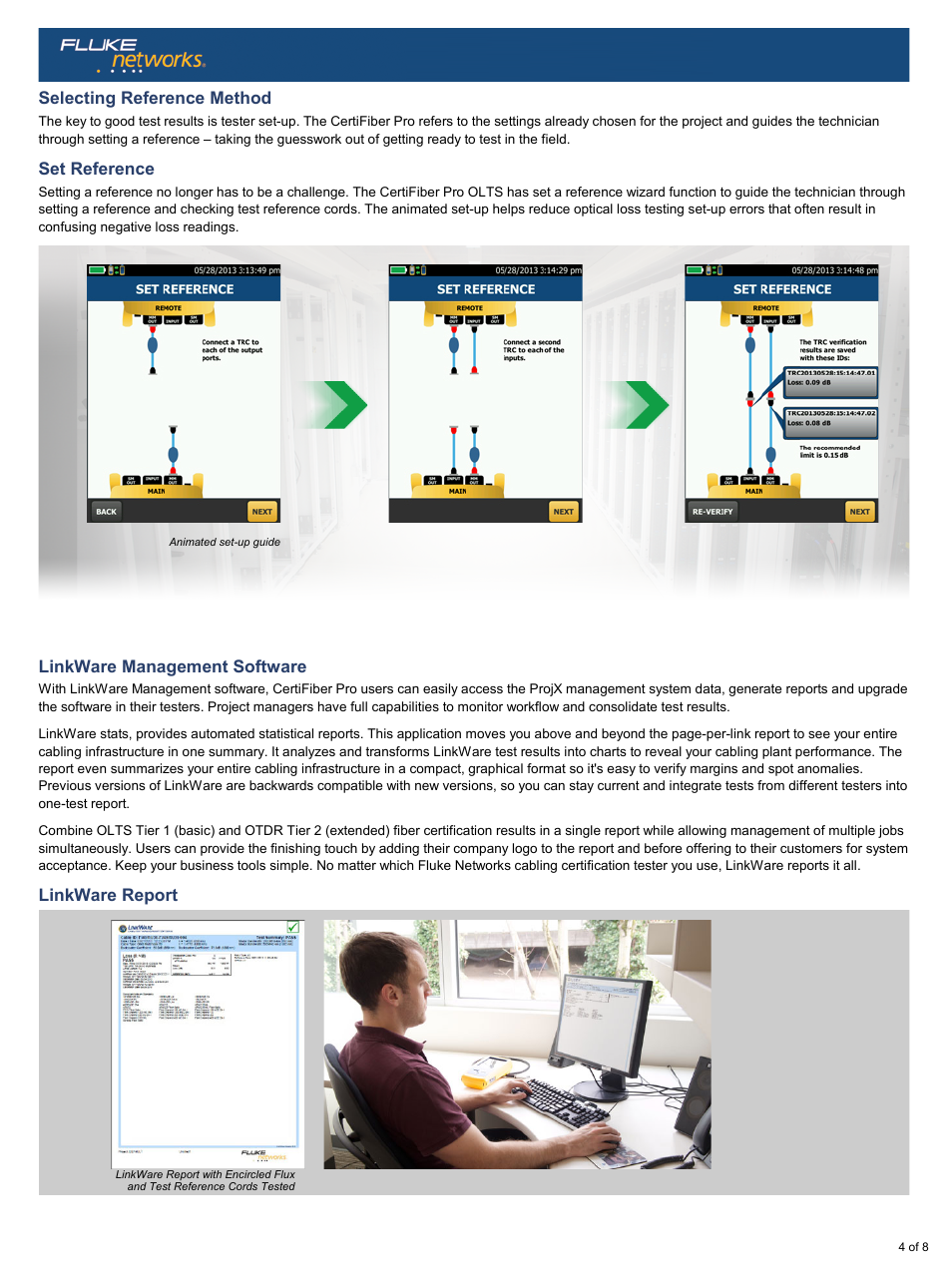 Selecting reference method, Set reference, Linkware management software | Linkware report | Atec Fluke-Certifiber User Manual | Page 4 / 8