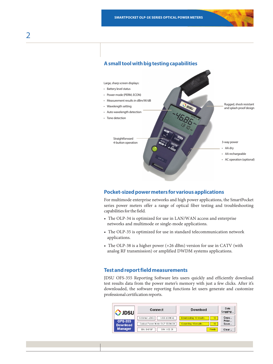 A small tool with big testing capabilities, Pocket-sized power meters for various applications, Test and report field measurements | Atec JDSU-OLP-34-35-38 User Manual | Page 2 / 4