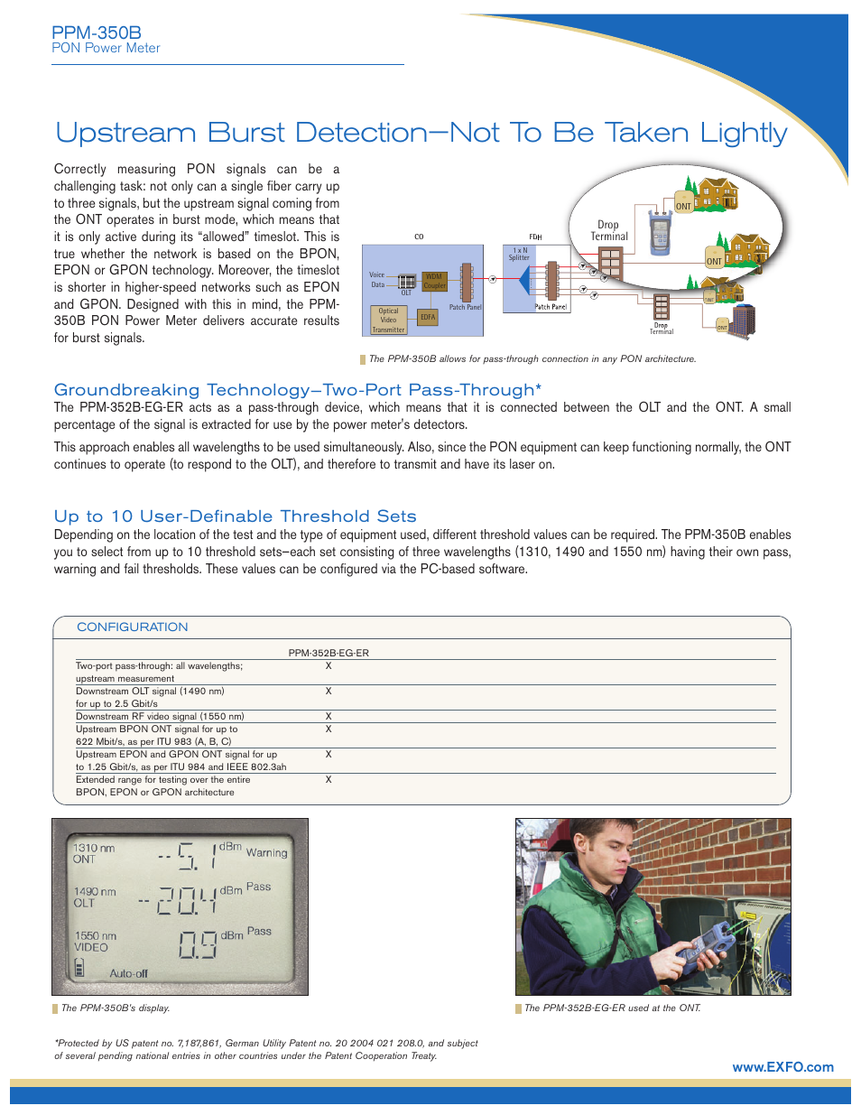 Upstream burst detection—not to be taken lightly, Ppm-350b, Groundbreaking technology—two-port pass-through | Up to 10 user-definable threshold sets | Atec Exfo-PPM-350B-EG User Manual | Page 3 / 4