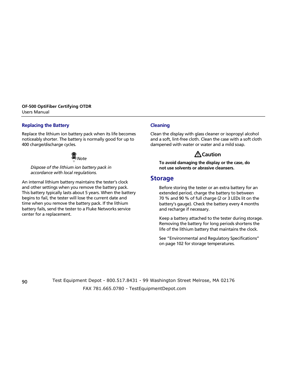 Replacing the battery, Cleaning, Storage | Atec Fluke-OF-500 User Manual | Page 100 / 133