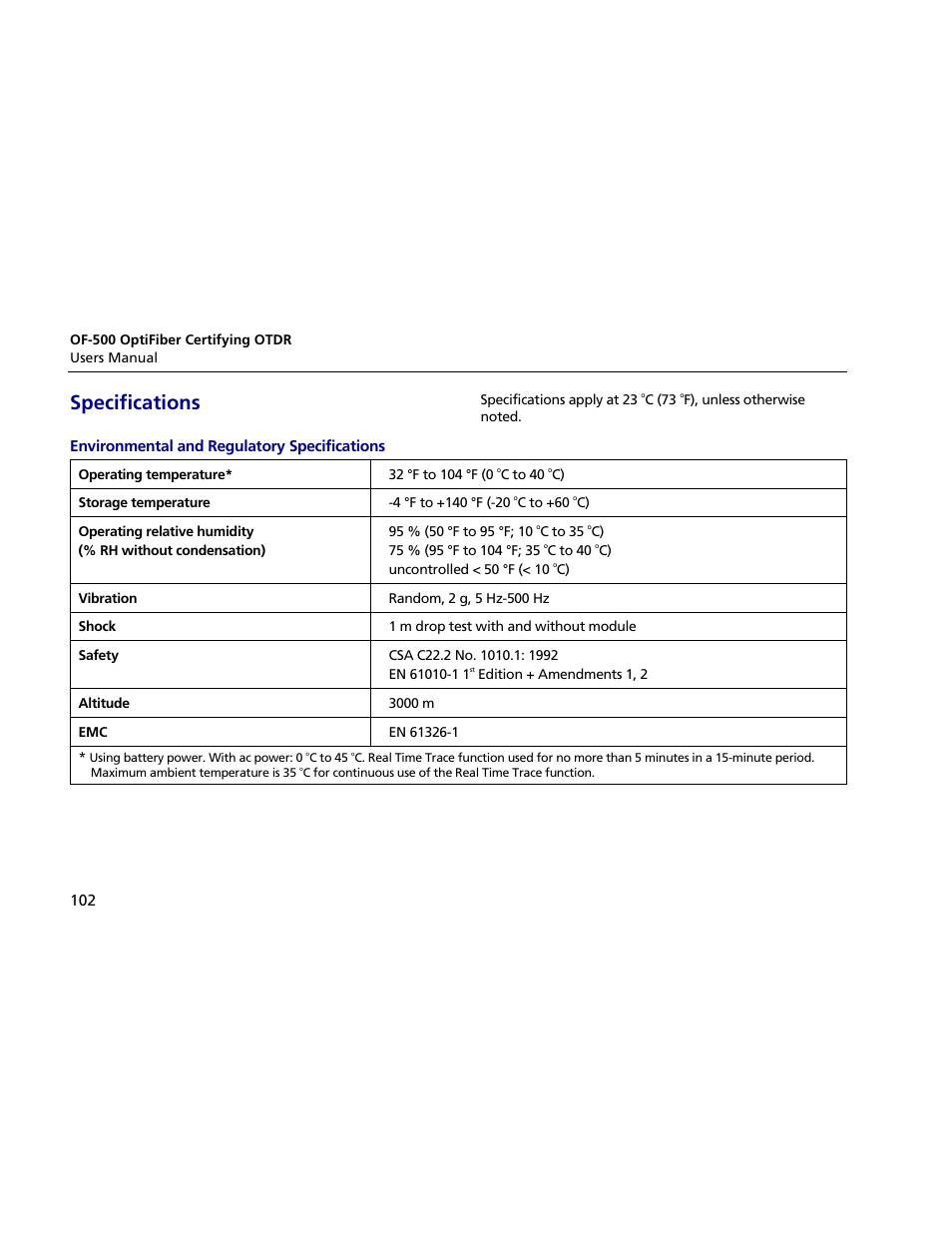 Specifications, Environmental and regulatory specifications | Atec Fluke-OF-500 User Manual | Page 112 / 133