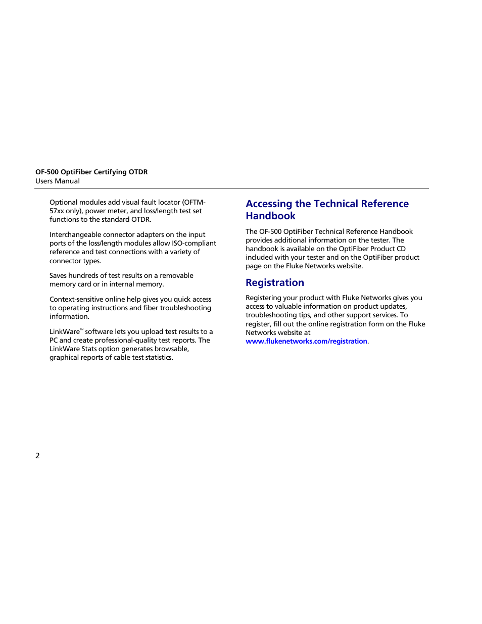 Accessing the technical reference handbook, Registration | Atec Fluke-OF-500 User Manual | Page 12 / 133