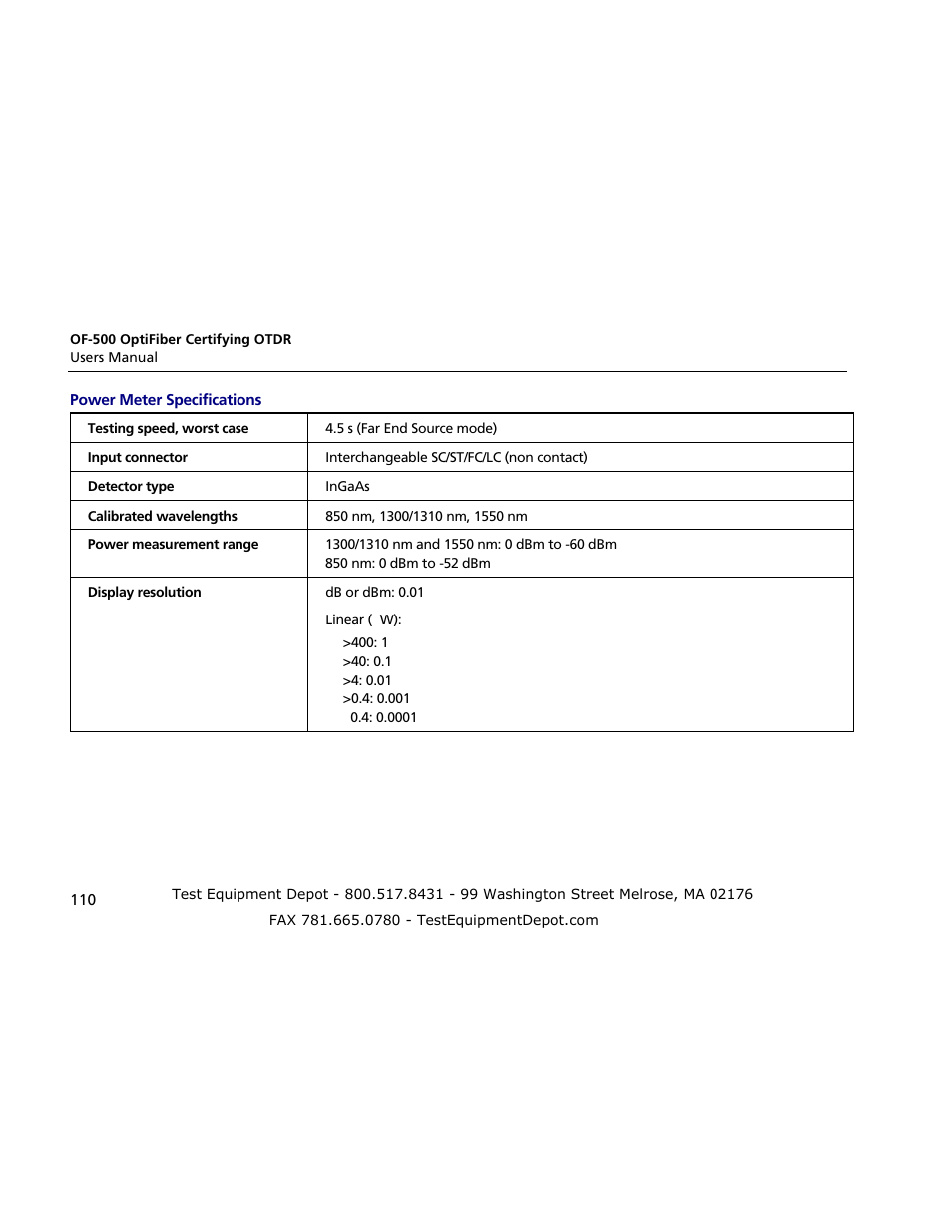 Power meter specifications | Atec Fluke-OF-500 User Manual | Page 120 / 133