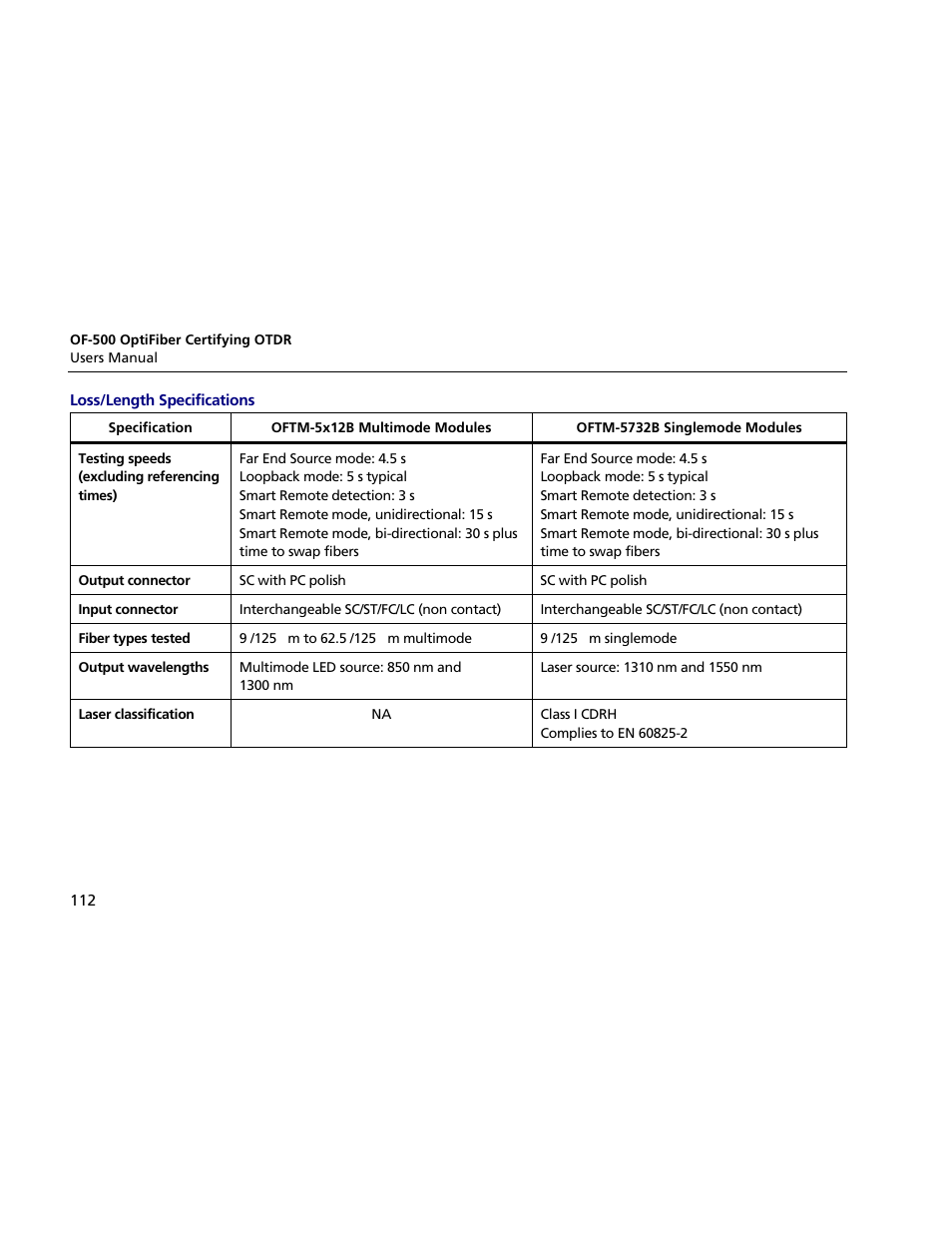 Loss/length specifications | Atec Fluke-OF-500 User Manual | Page 122 / 133