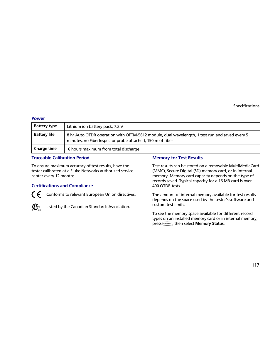 Power, Traceable calibration period, Certifications and compliance | Memory for test results | Atec Fluke-OF-500 User Manual | Page 127 / 133
