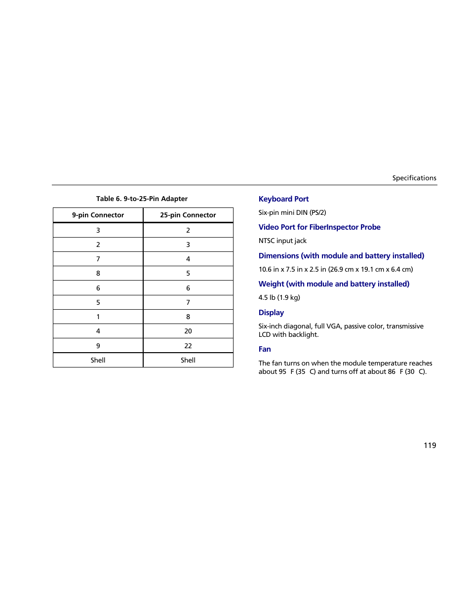 Keyboard port, Video port for fiberinspector probe, Dimensions (with module and battery installed) | Weight (with module and battery installed), Display | Atec Fluke-OF-500 User Manual | Page 129 / 133