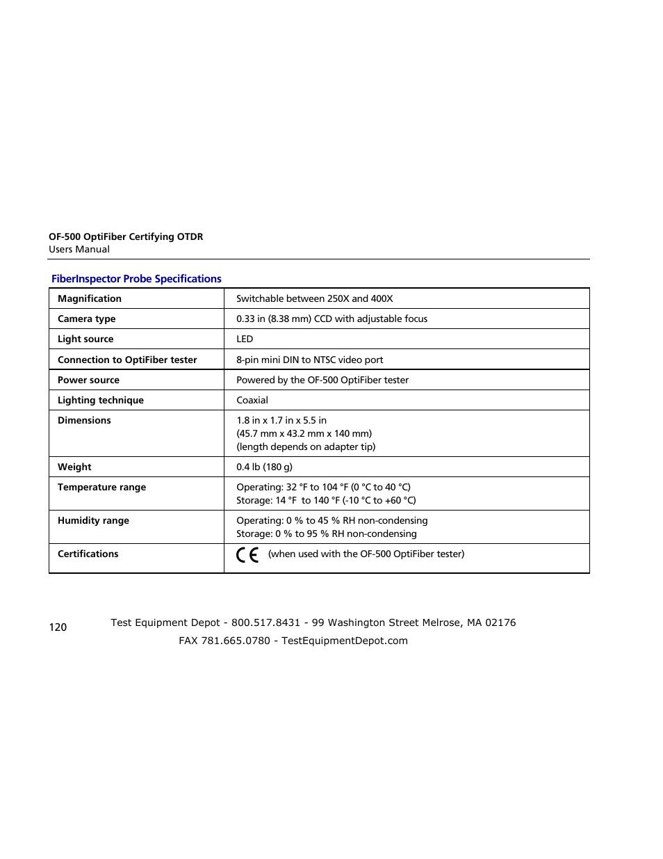 Fiberinspector probe specifications | Atec Fluke-OF-500 User Manual | Page 130 / 133