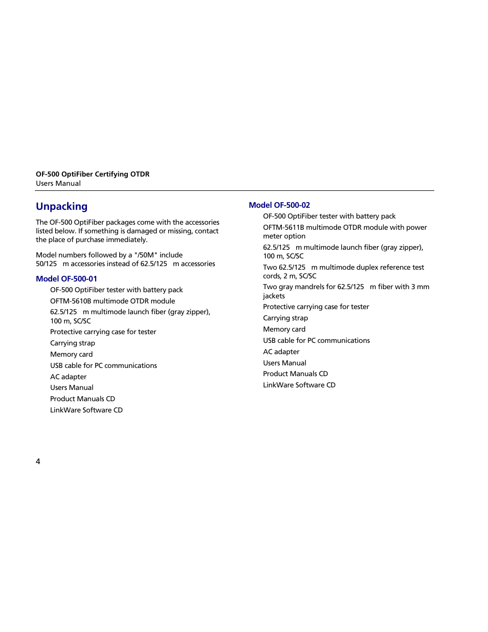 Unpacking, Model of-500-01, Model of-500-02 | Atec Fluke-OF-500 User Manual | Page 14 / 133