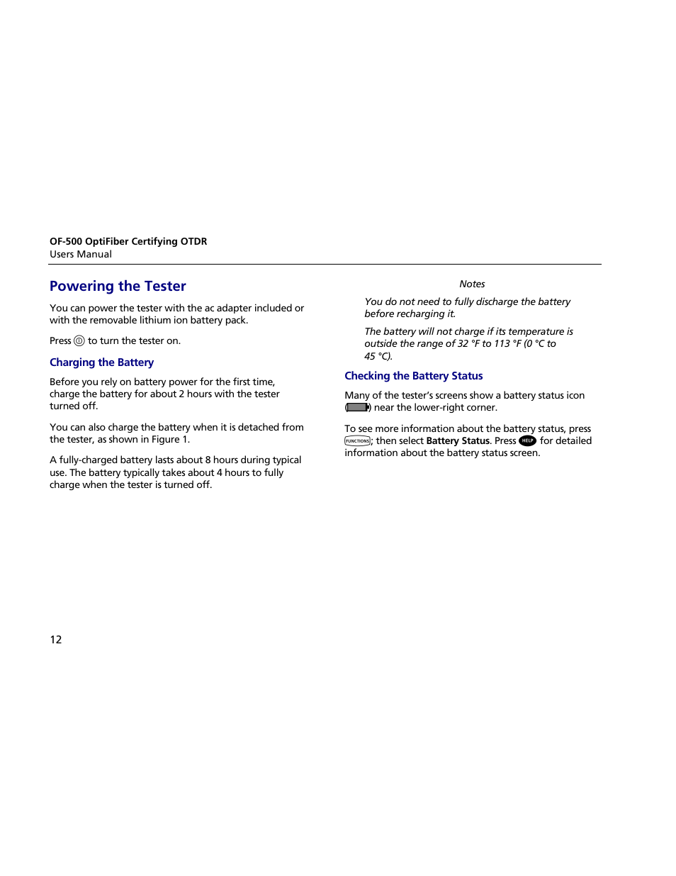 Powering the tester, Charging the battery, Checking the battery status | Atec Fluke-OF-500 User Manual | Page 22 / 133