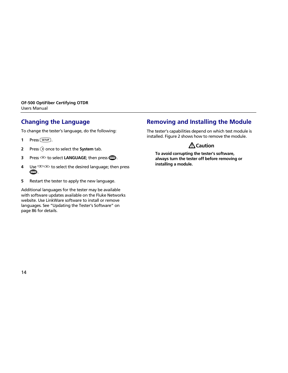 Changing the language, Removing and installing the module | Atec Fluke-OF-500 User Manual | Page 24 / 133