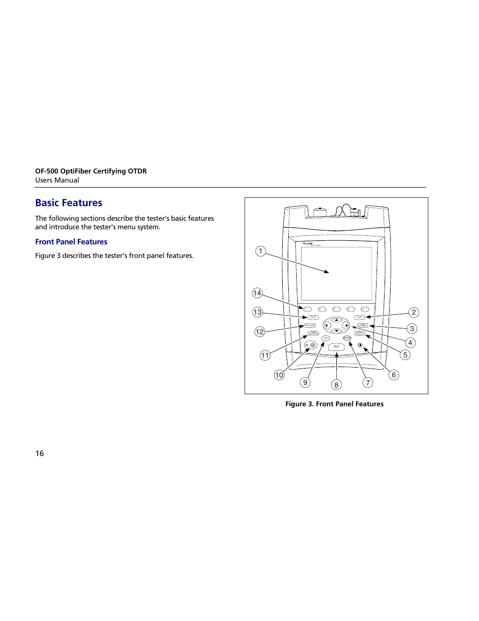 Basic features, Front panel features | Atec Fluke-OF-500 User Manual | Page 26 / 133