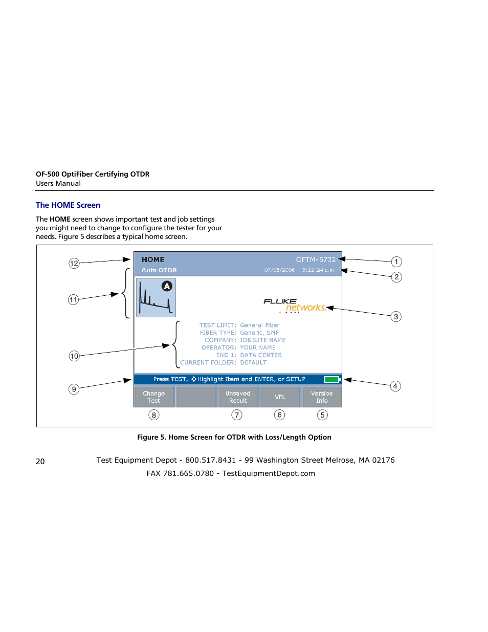 The home screen | Atec Fluke-OF-500 User Manual | Page 30 / 133