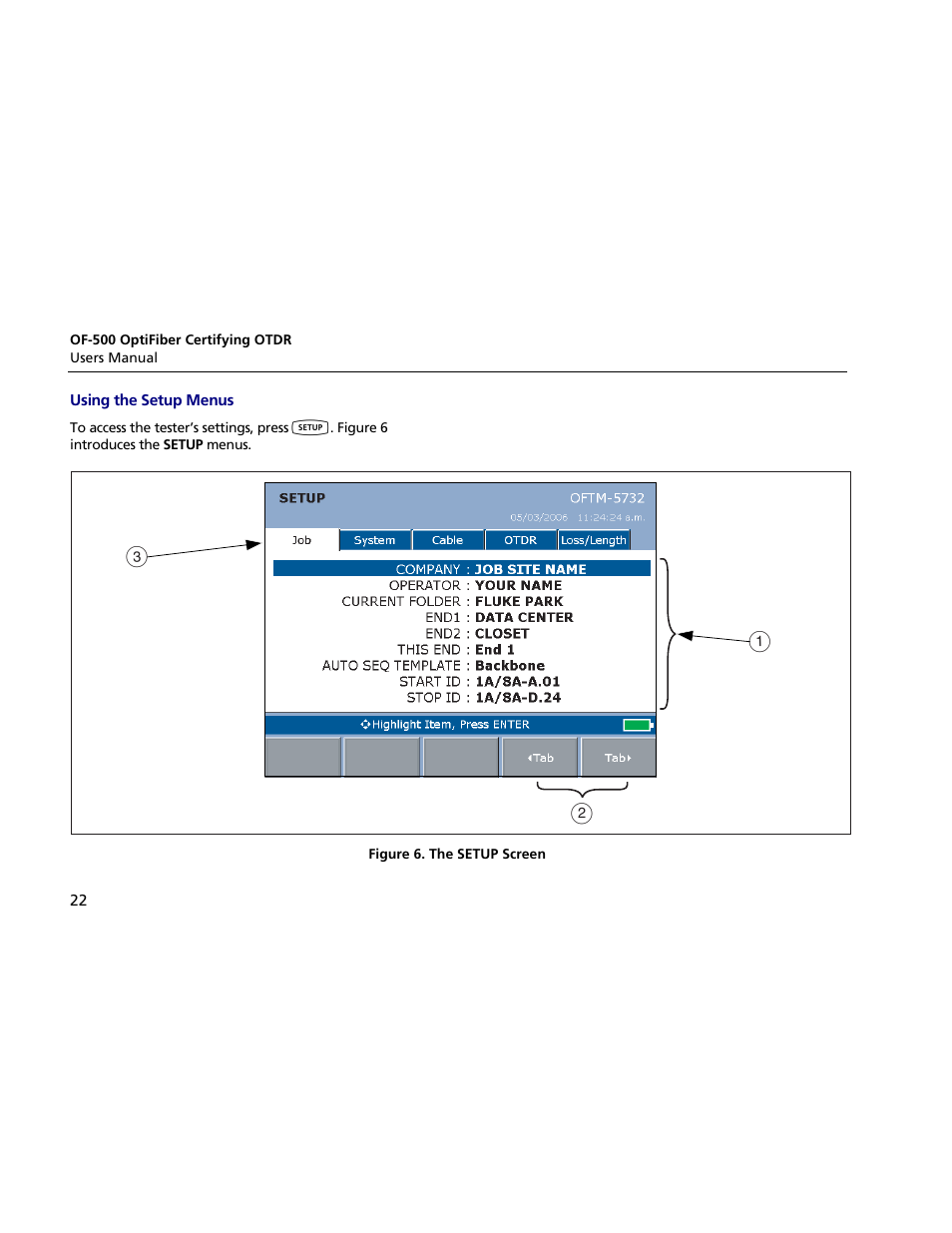 Using the setup menus, Ba c | Atec Fluke-OF-500 User Manual | Page 32 / 133