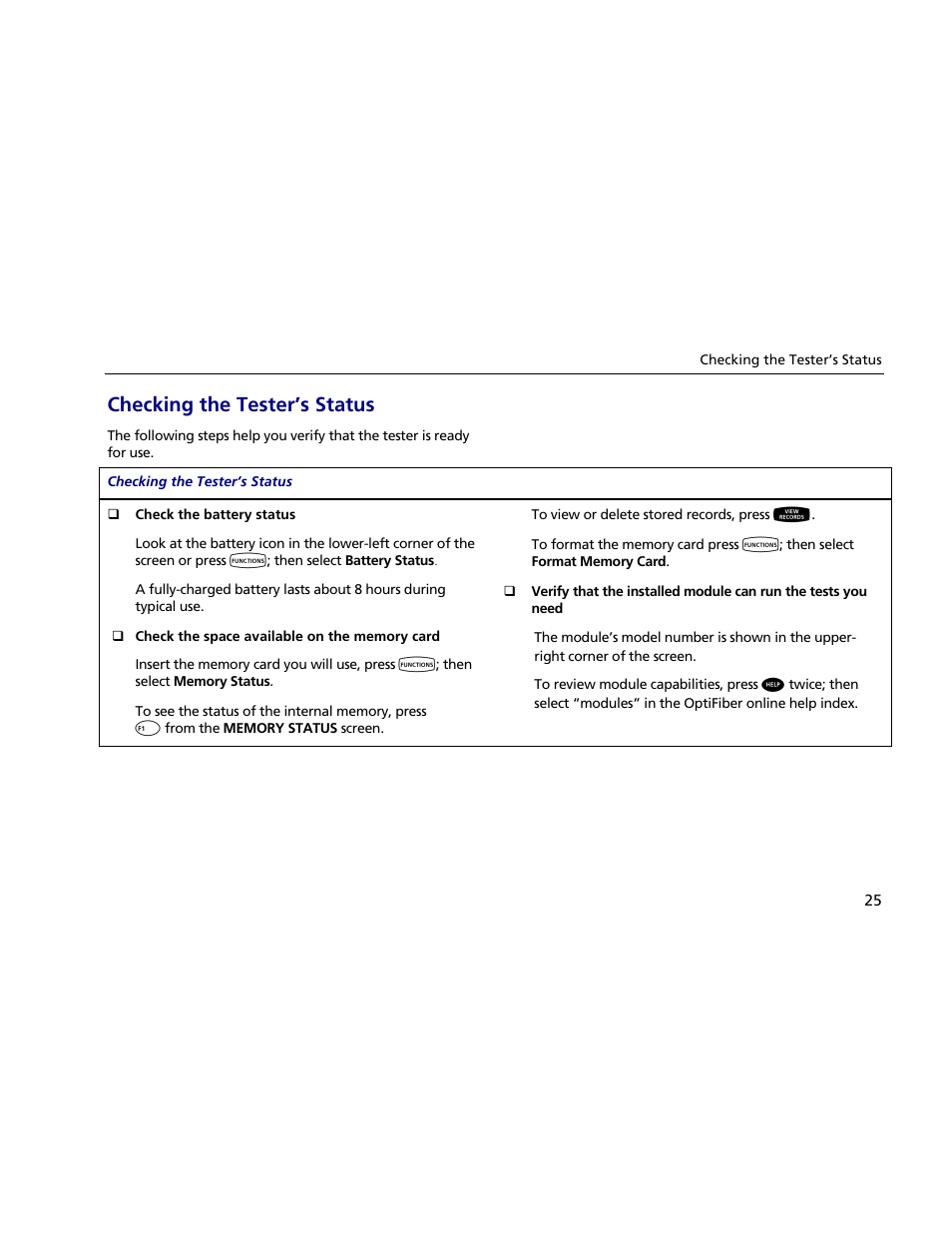 Checking the tester's status, Checking the tester’s status | Atec Fluke-OF-500 User Manual | Page 35 / 133