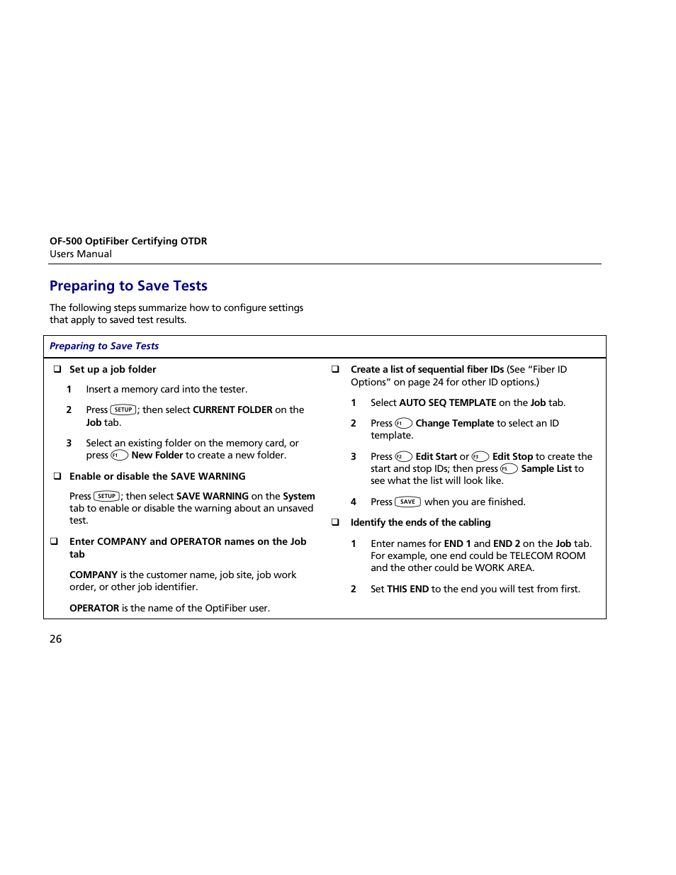 Preparing to save tests | Atec Fluke-OF-500 User Manual | Page 36 / 133