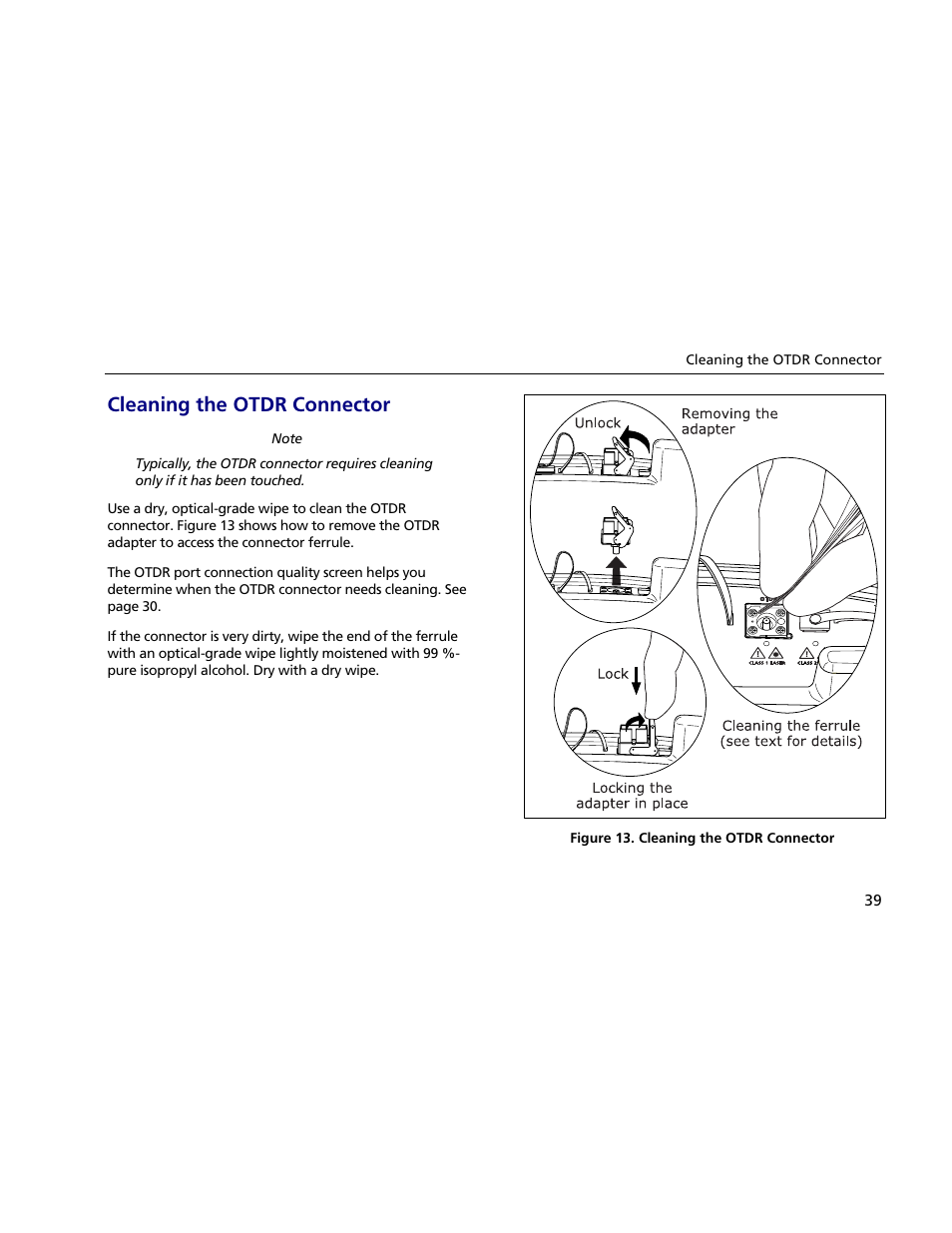 Cleaning the otdr connector | Atec Fluke-OF-500 User Manual | Page 49 / 133