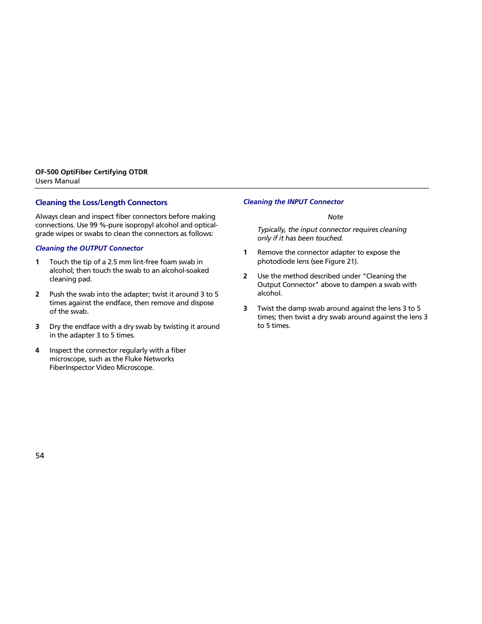 Cleaning the loss/length connectors, Cleaning the output connector, Cleaning the input connector | Atec Fluke-OF-500 User Manual | Page 64 / 133