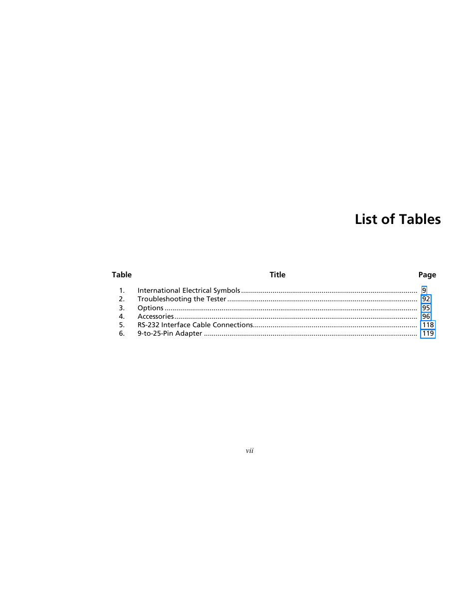 List of tables | Atec Fluke-OF-500 User Manual | Page 9 / 133