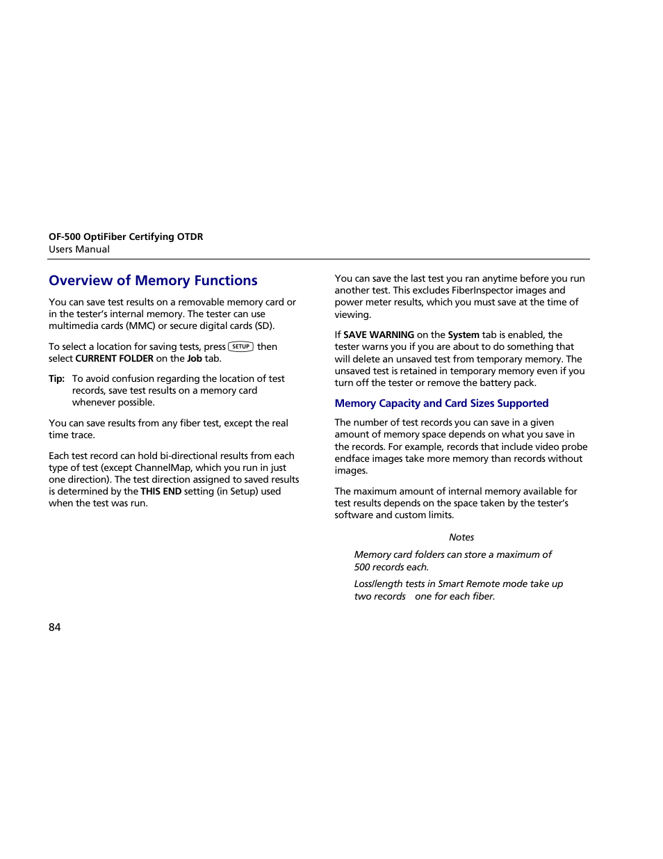 Overview of memory functions, Memory capacity and card sizes supported | Atec Fluke-OF-500 User Manual | Page 94 / 133