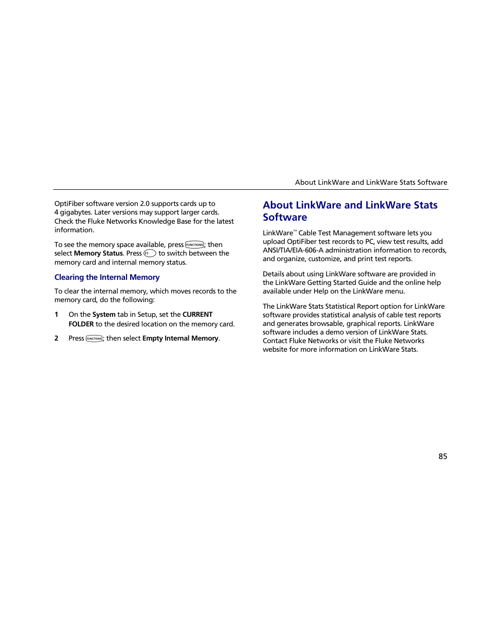 Clearing the internal memory, About linkware and linkware stats software | Atec Fluke-OF-500 User Manual | Page 95 / 133