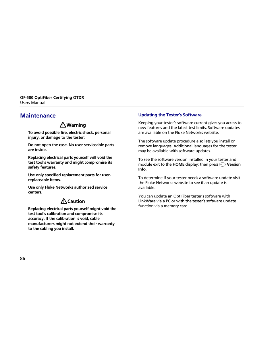 Maintenance, Updating the tester's software | Atec Fluke-OF-500 User Manual | Page 96 / 133
