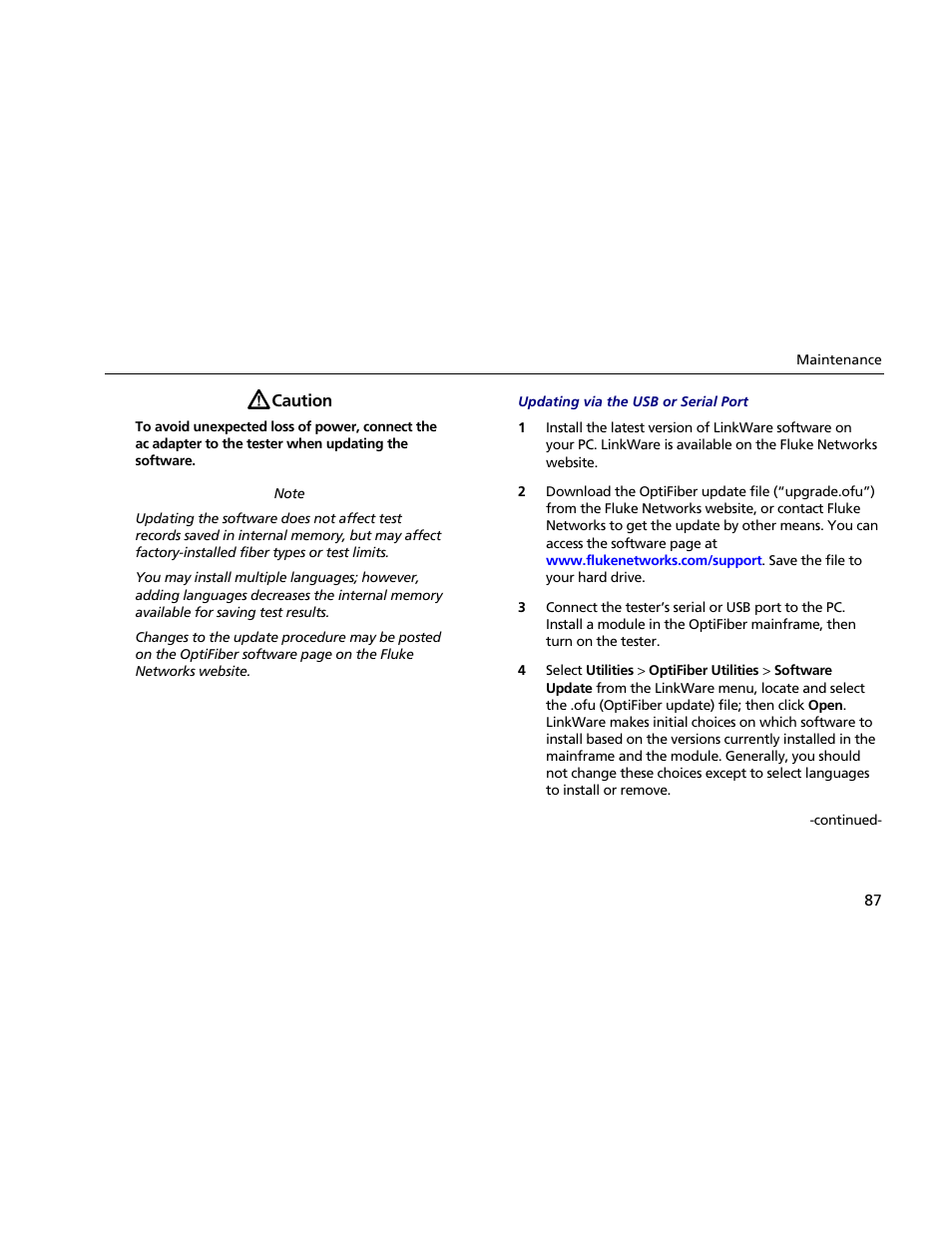 Updating via the usb or serial port | Atec Fluke-OF-500 User Manual | Page 97 / 133