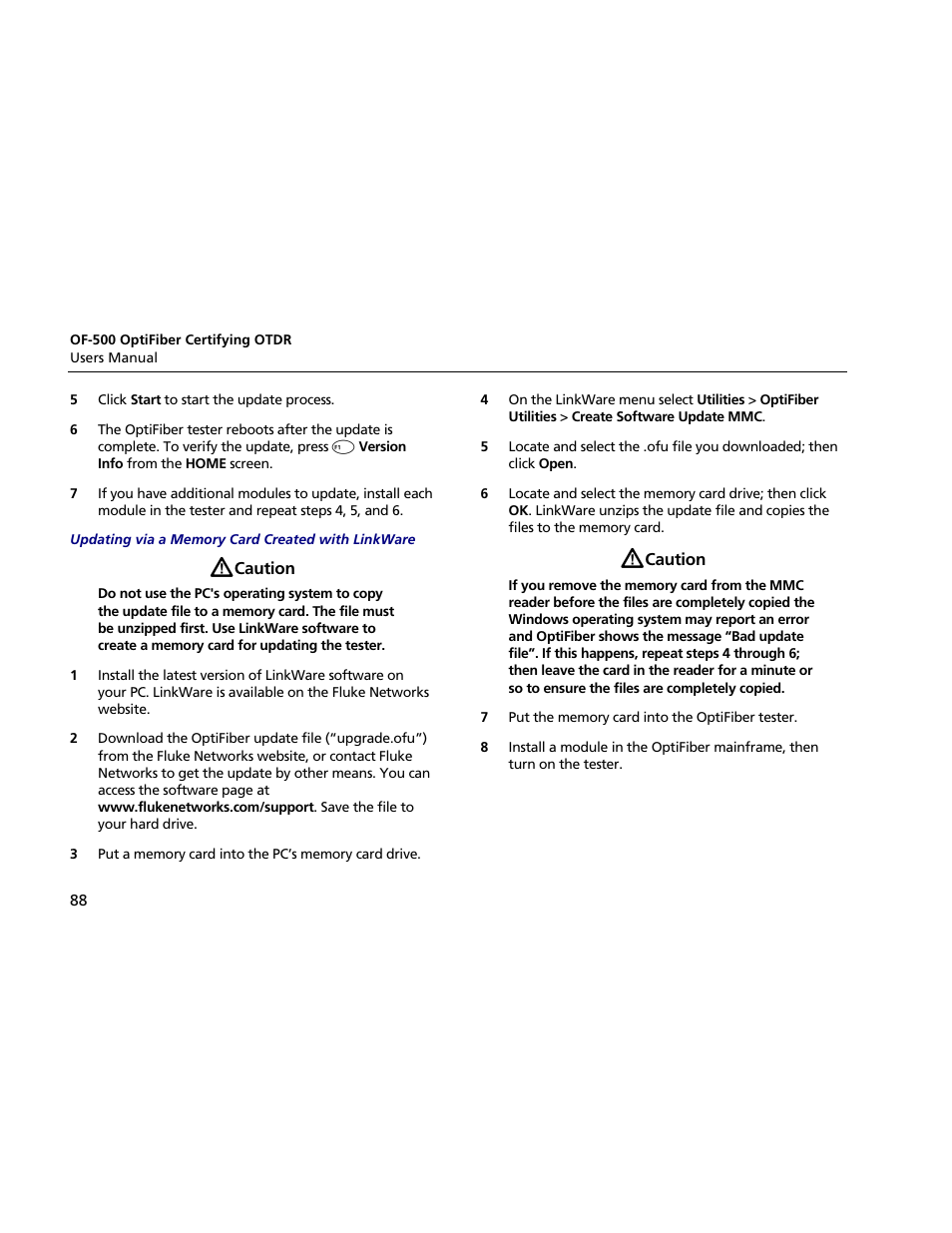 Updating via a memory card created with linkware | Atec Fluke-OF-500 User Manual | Page 98 / 133