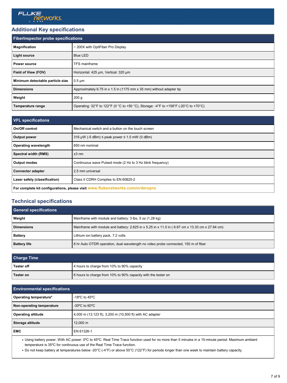 Additional key specifications, Technical specifications | Atec Fluke-Optifiber-OTDR User Manual | Page 7 / 9